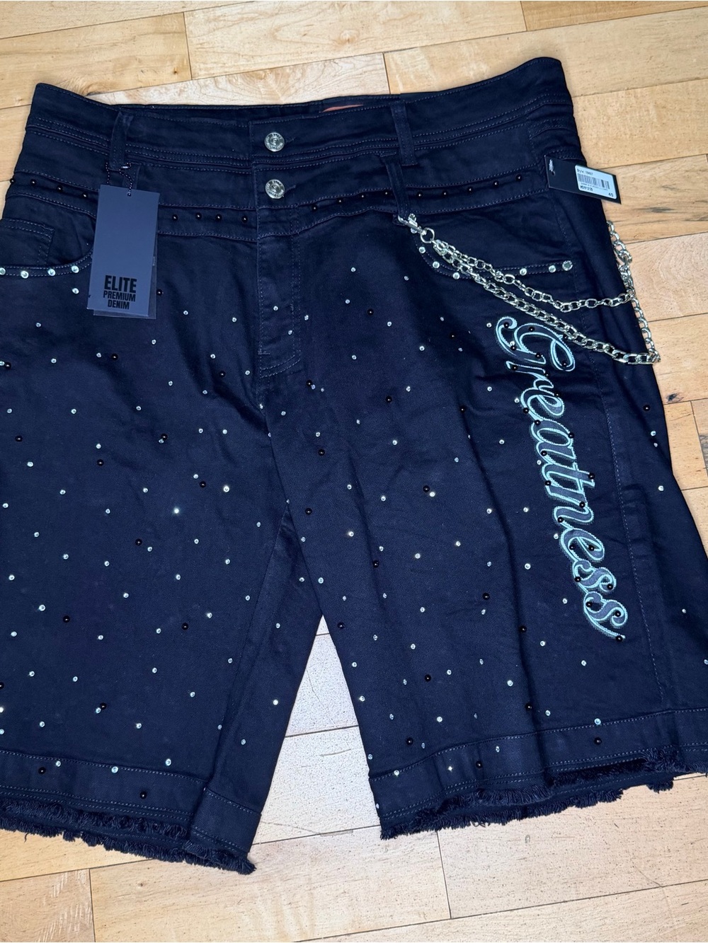 Elite Premium Denim Black Studded Jean Shorts with Chain and 'Greatness' Script